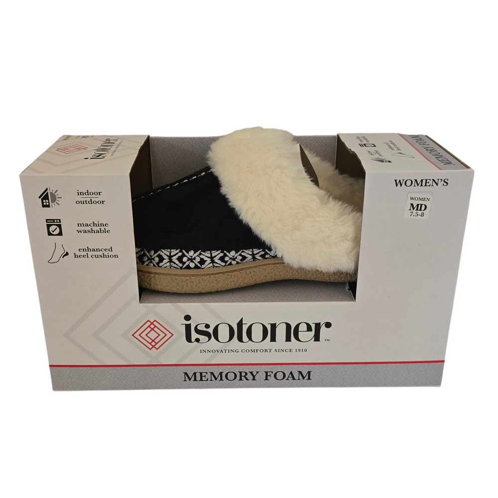 Isotoner Womens Memory Foam Slippers Black Faux Fur Clog Indoor Outdoor 7.5/8 M